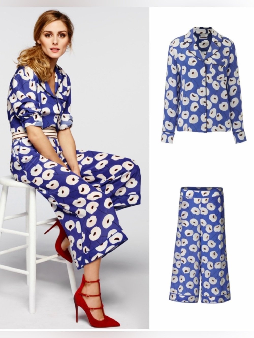 Olivia Palermo in blue blossom floral print silk shirt, matching blue blossom.